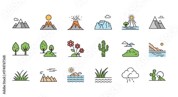Fototapeta A collection of nature landscape and natural element icons representing diverse geographical features and botanical elements.
