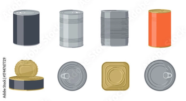 Fototapeta A collection of various tin cans and containers for food storage and preservation.