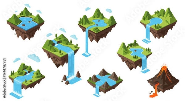 Fototapeta Collection of miniature floating islands with diverse natural features and cascading waterfalls.