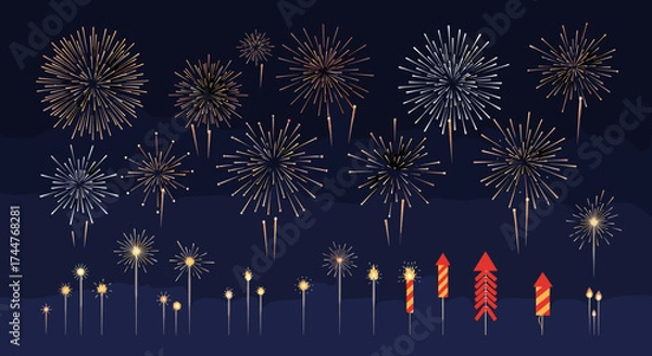 Fototapeta A collection of dazzling and vibrant fireworks illuminating the dark night sky with their brilliant bursts and sparkling trails.