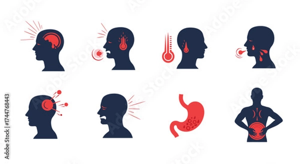 Fototapeta Visualizing common symptoms of illness and discomfort represented by icons.
