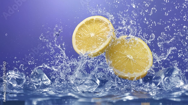 Fototapeta Lemon halves with ice cubes splashing in water on dark blue background, refreshing citrus and cool beverage concept.
