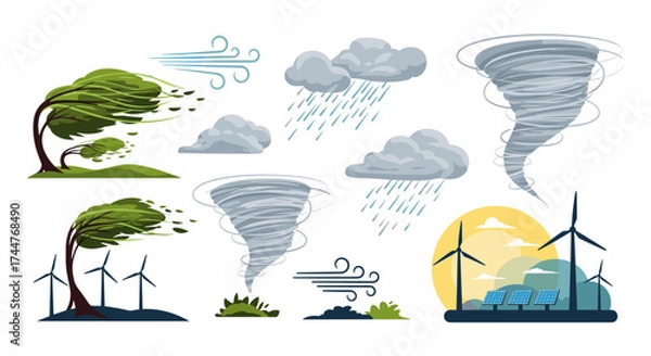 Fototapeta A collection of illustrations depicting various natural weather phenomena including strong winds heavy rain and powerful tornadoes.