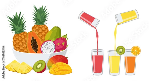 Fototapeta A vibrant assortment of fresh tropical fruits and freshly squeezed juices.
