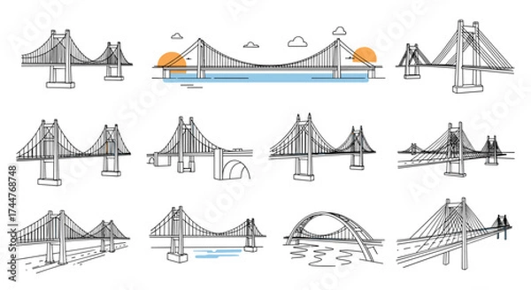 Fototapeta A diverse collection of suspension bridge illustrations with varying designs and structural elements.