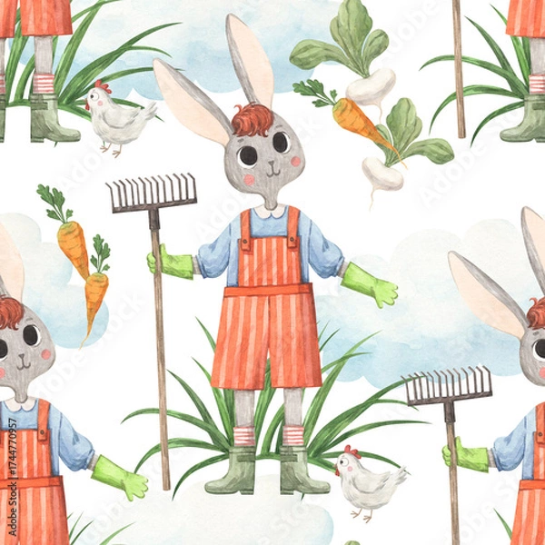 Fototapeta Seamless watercolor pattern with a rabbit with a rake