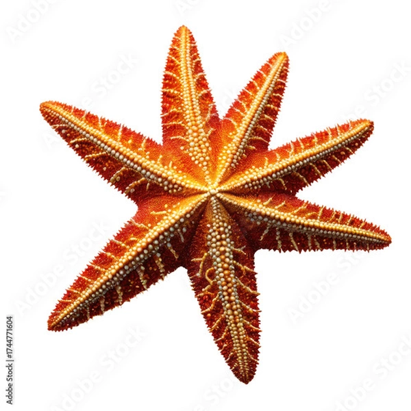 Fototapeta Orange starfish with many arms, textured surface, isolated
