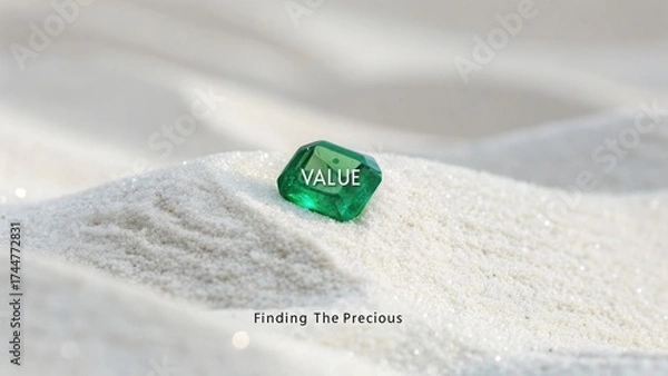 Obraz A precious emerald green gemstone with VALUE on a sparkling white surface