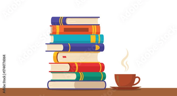 Fototapeta A stack of books rests beside a steaming cup of coffee.