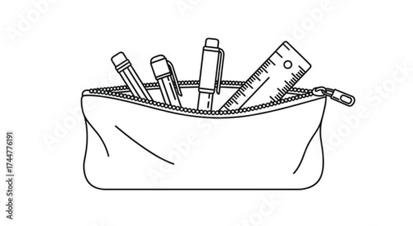 Fototapeta A pencil case filled with various writing and drawing tools and a ruler.