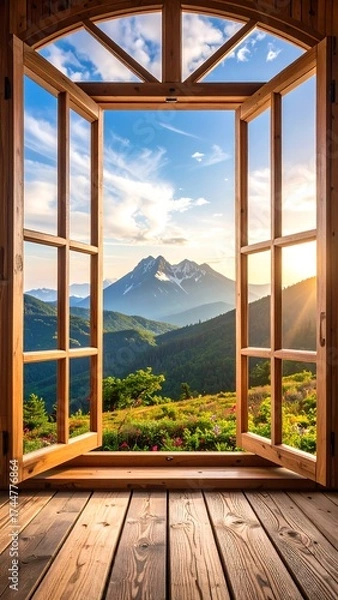 Fototapeta Mountain vista through open wooden window