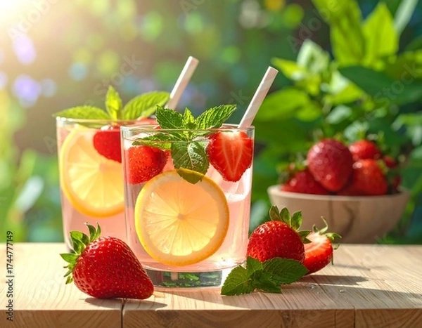 Fototapeta Two glasses of refreshing strawberry lemonade, garnished with fresh mint and lemon slices, sit on a light wooden table outdoors in bright sunlight.  A bowl of strawberries sits in the background