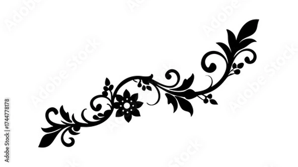 Fototapeta An elegant floral scroll design with leaves and a flower in black and white vector format graphic art