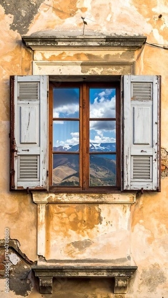 Fototapeta Old weathered window, open shutters, reflecting mountains and sky