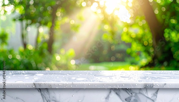 Obraz Polished marble slab slightly wet on a clean wellness background, Condensation droplets are visible against blurred morning forest light behind