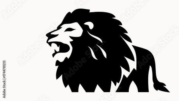 Fototapeta A black and white graphic illustration of a roaring lion head with a full mane and tail to the right