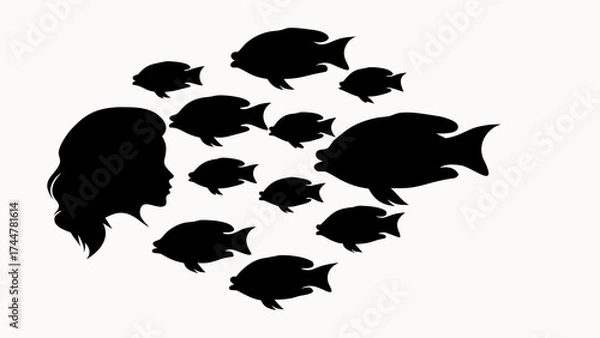 Fototapeta Silhouette of a woman's head surrounded by a school of black fish swimming in a circular formation design