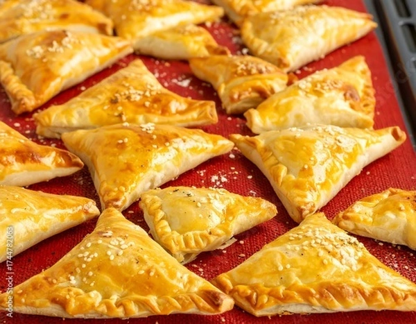 Fototapeta Golden-brown triangle pastries, arranged on a red baking sheet
