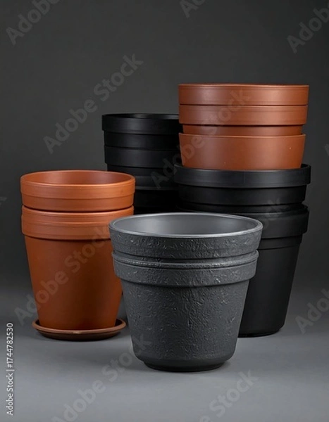 Fototapeta Assorted terracotta and dark-colored plant pots arranged on a gray background