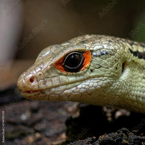 Fototapeta Close-up of a lizard's head, profile view.  Gray-tan scales, distinct orange eyes, and a mottled pattern.  Lizard head resting on dark wood