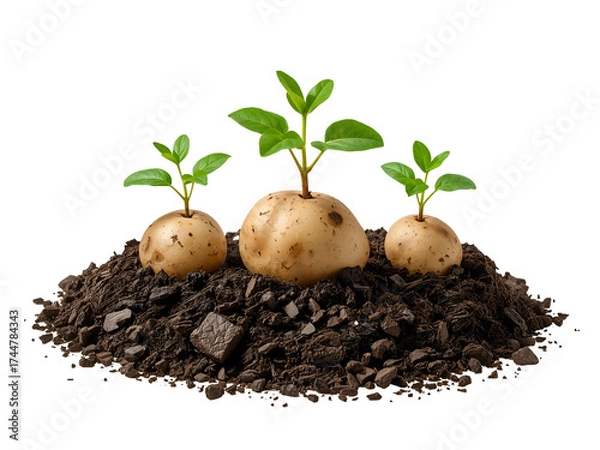 Obraz Three whole potatoes sprouting green shoots in dark soil isolated on a transparent background