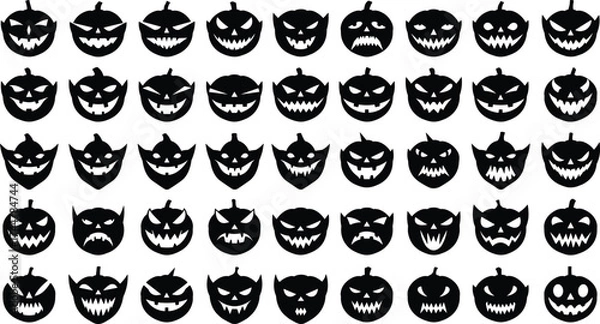Fototapeta Set of 48 black jack-o'-lantern silhouettes with unique facial expressions for Halloween design, decoration, and spooky themes
