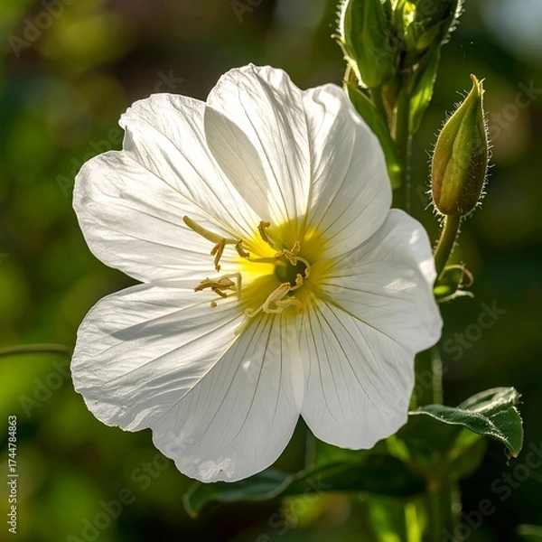 Fototapeta Close-up of a pristine white flower, petals gently curving outwards, revealing a vibrant yellow center.  Soft-focus background of out-of-focus foliage