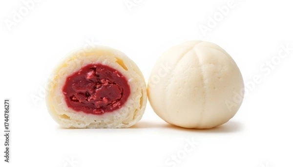 Obraz White dessert bun with red filling on white background  