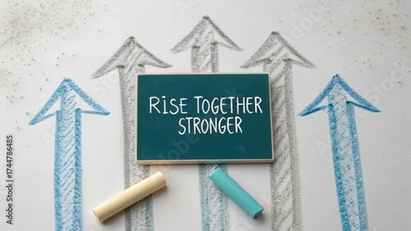Fototapeta Inspirational Message on Chalkboard with Colorful Arrows Pointing Upward Symbolizing Growth and Collaboration