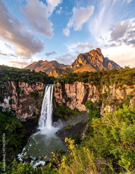 Fototapeta Majestic waterfall cascading down rocky cliffs, surrounded by lush greenery and mountains under a vibrant sunset sky