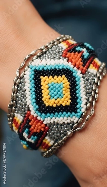 Obraz Colorful beaded bracelet worn on wrist with intricate design  