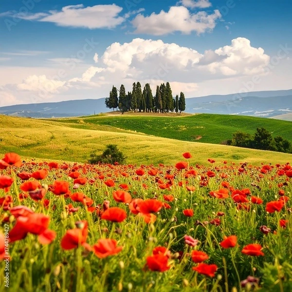Fototapeta Tuscan countryside, cypress trees, poppy field