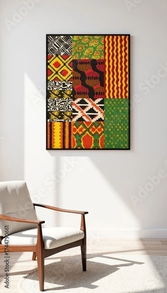 Obraz Colorful abstract wall art in modern interior with chair and sunlight  