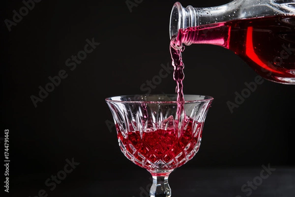 Obraz 8K macro shot of red wine being poured into crystal glass, dark background, dramatic lighting