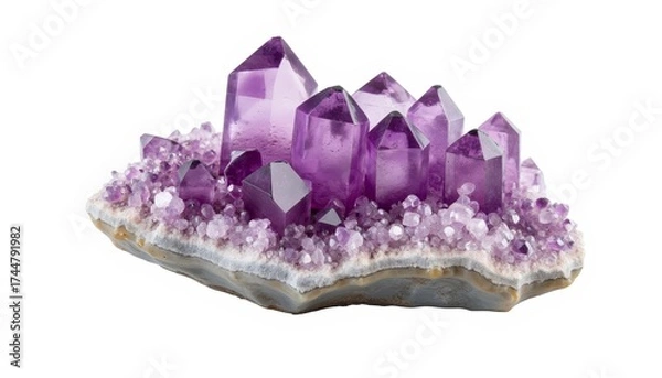Obraz Amethyst crystal cluster with purple gemstones on white background  