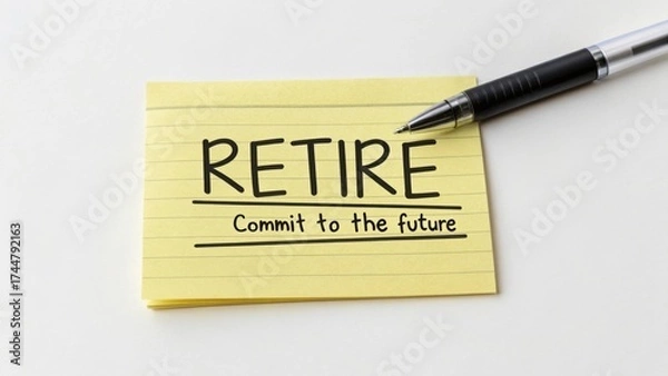 Fototapeta Retirement planning with a note that says "Retire" and commitment message to future financial security and well-being