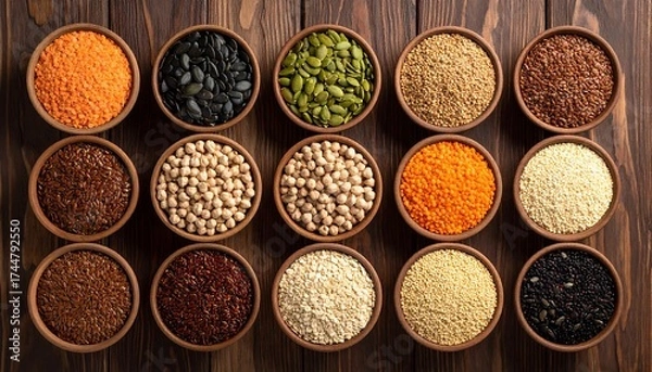 Fototapeta Assorted whole grains and seeds in small bowls, displayed on a dark wooden surface