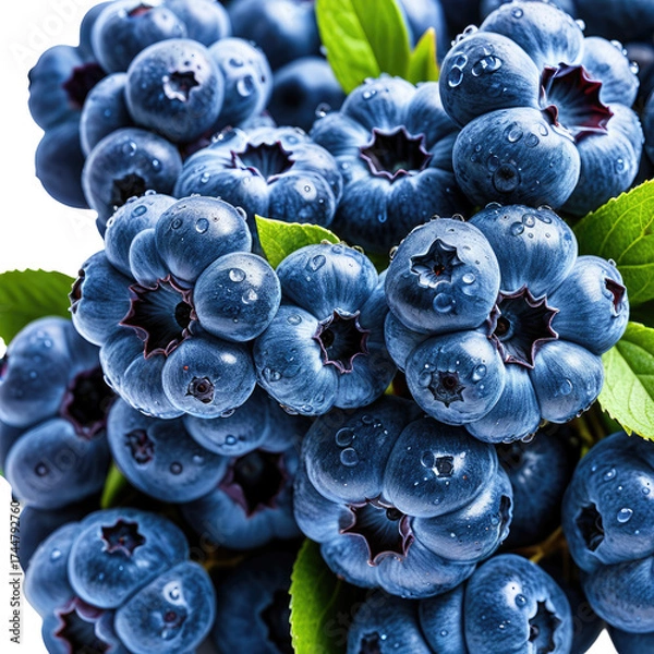 Fototapeta Fresh blueberries with water droplets and green leaves, close-up view