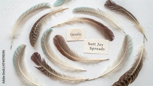 Fototapeta Soft and Delicate Feathers Arranged Elegantly with Gentle Text Phrases on White Background for Calm and Peaceful Vibes
