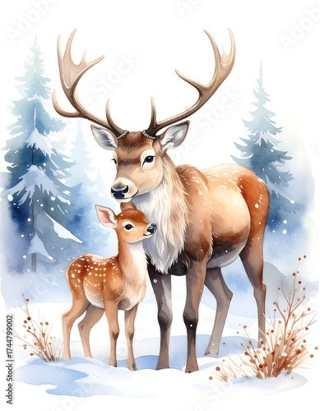 Fototapeta Winter scene with deer mother and fawn.  Soft watercolor style, snowy forest background