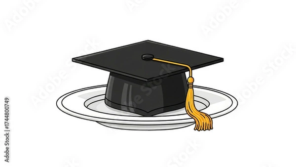 Fototapeta graduation cap, a symbol of academic achievement, rests on a white plate, signifying celebration.