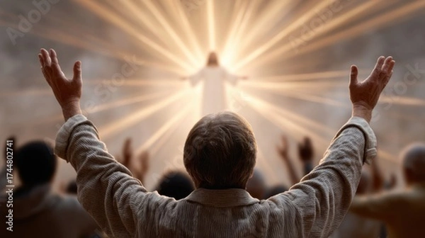 Fototapeta Worshipers with raised hands look toward a radiant spiritual figure enveloped in divine light and rays.