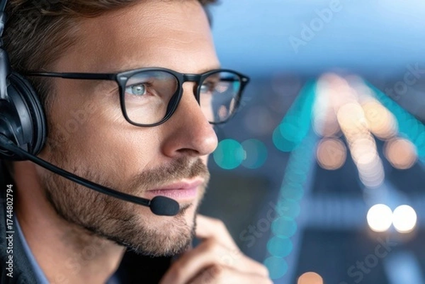 Fototapeta Close-up of young male air traffic controller wearing glasses and headset, overseeing aircraft approach on illuminated night runway.