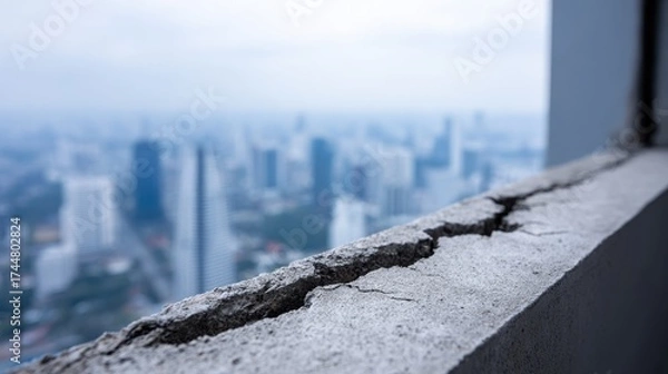 Fototapeta Severe crack in a concrete balcony railing, high above a blurred, hazy, sprawling city skyline.