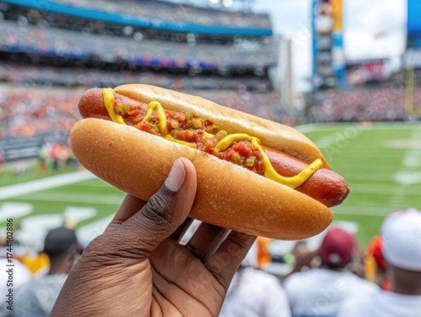 Fototapeta Close-up of a delicious hot dog topped with mustard and colorful relish held by a spectator at a vibrant outdoor stadium event.
