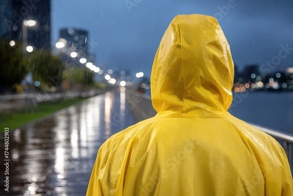 Fototapeta Close-up of person in bright yellow raincoat walking on a reflective city path during heavy rain at night.