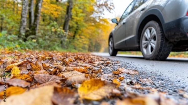 Fototapeta Low angle view of an SUV driving on an autumn road lined with colorful trees and covered in fallen leaves.