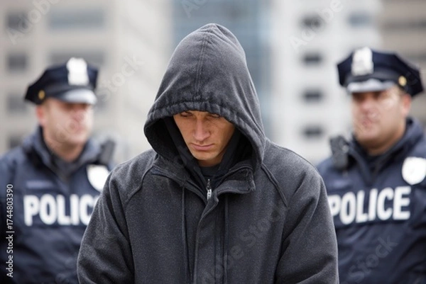 Fototapeta Young man in a dark hood looking down, flanked by two blurred police officers in an urban environment.
