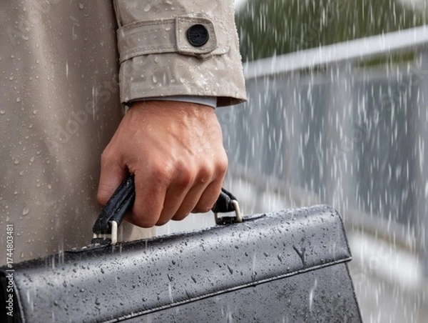 Fototapeta A man's hand gripping a wet black briefcase while wearing a beige raincoat during a heavy rainstorm.
