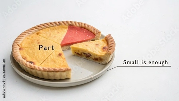 Fototapeta Delicious pie with two flavors, showcasing a slice and a message about moderation on a simple plate setting